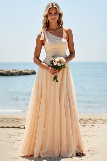 Apricot One Shoulder Chiffon A Line Bridesmaid Dress